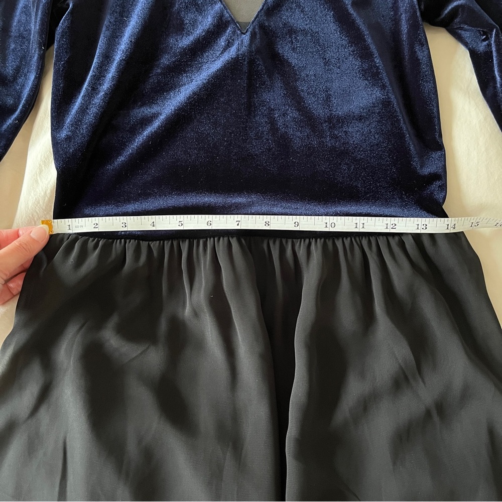 Blue Velvet Dress with Black Skirt and Lace Detail - Picture 5 of 9